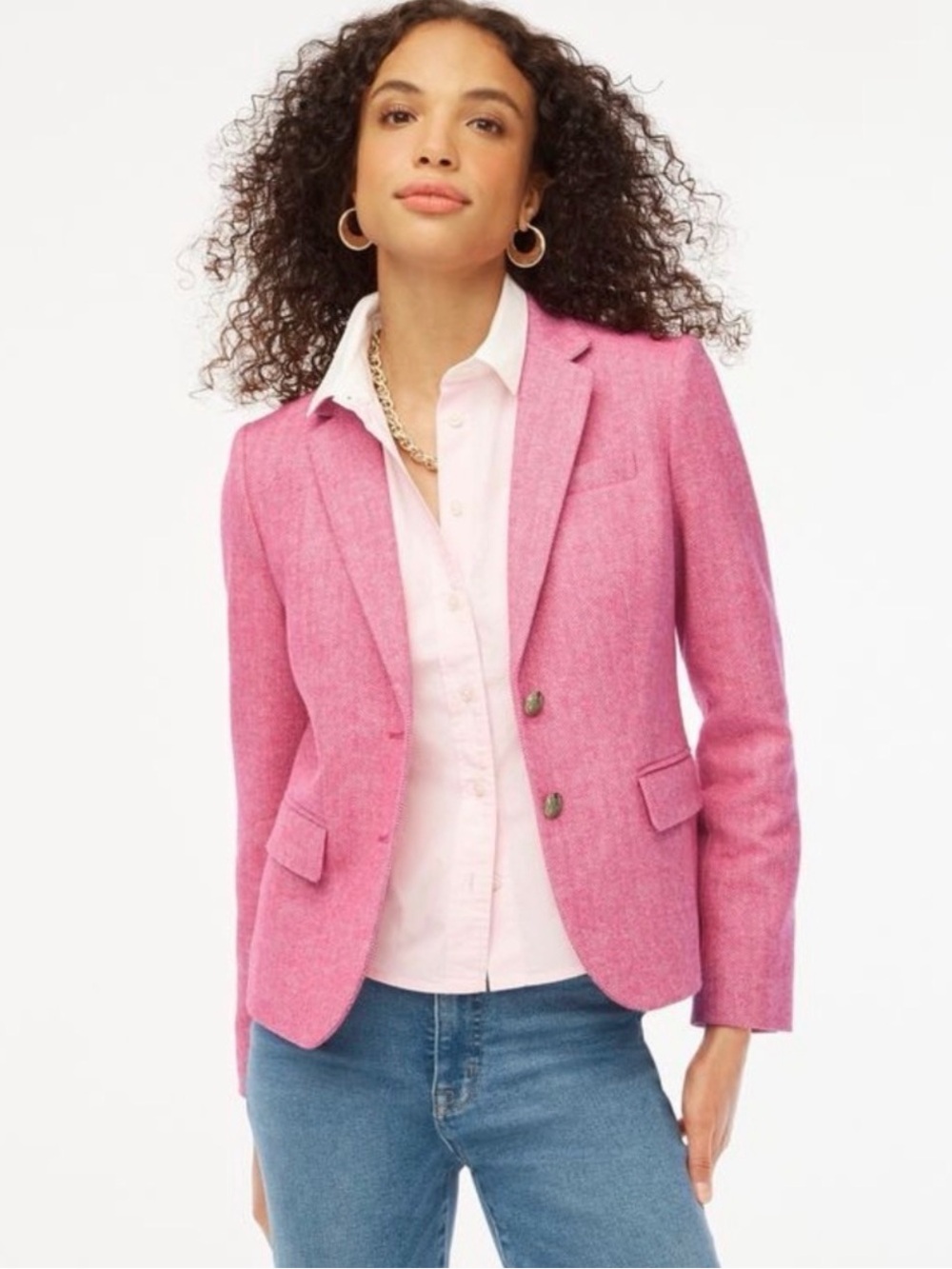 J. Crew Pink Herringbone School Boy Blazer Jacket Notch Collar Gold Button Sz 8